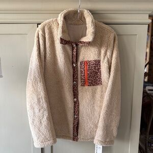 OH SHI Cream/Tan Sherpa Jacket Leopard Trim Size M NWT - Fast Shipping!